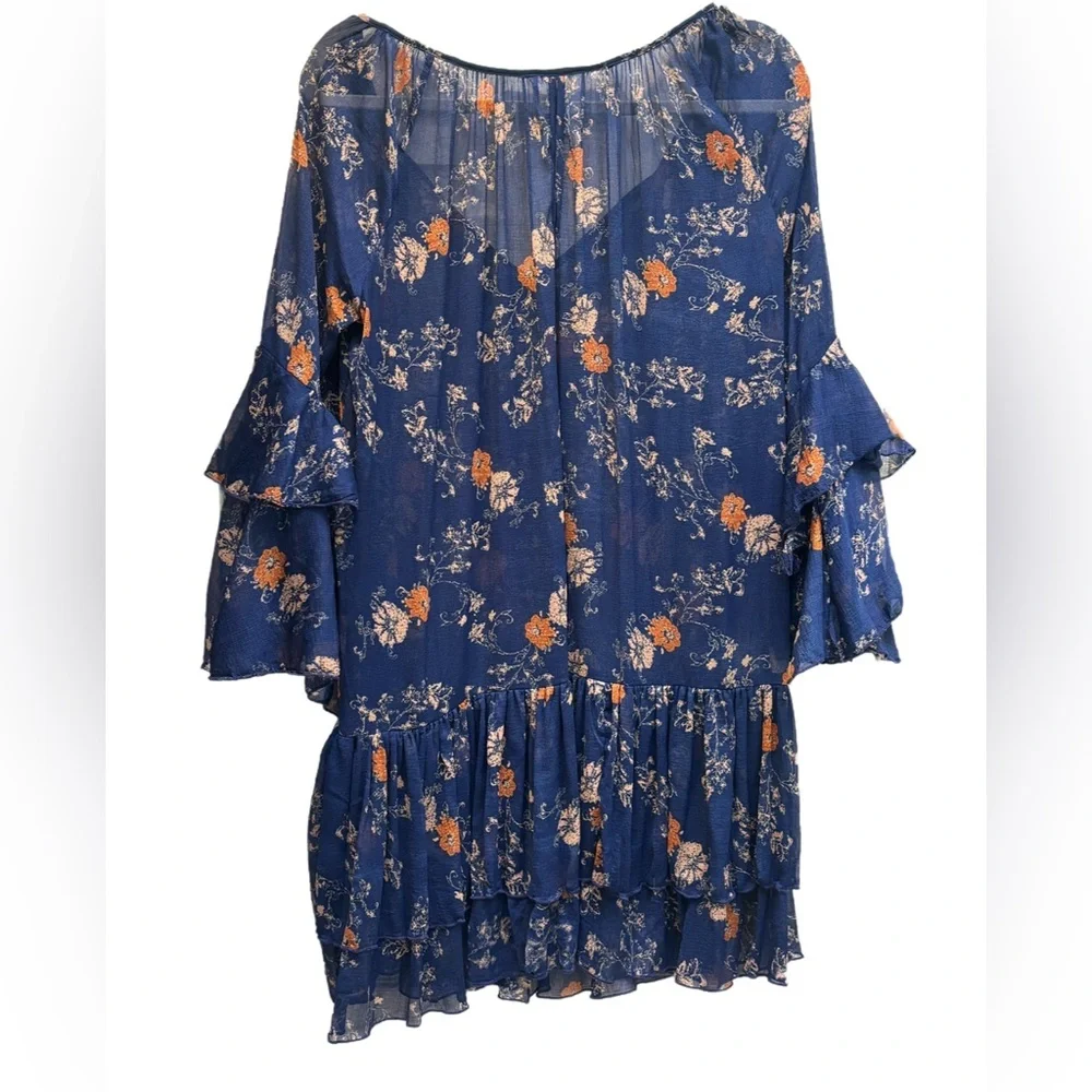 Free People “Sunsetter” Blue floral ruffle sheer mini dress, size Medium 🦋 - Picture 5 of 11